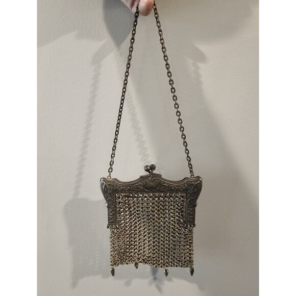 Antique Art Nouveau Purse Embossed German Silver Gold Chainmail Mesh Evening Bag - Picture 1 of 12